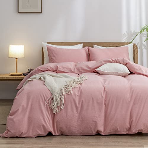 Image of BESTOUCH Cotton Solid Duvet Cover Set Linen Feel Red Pink Twin | 100% Washed Cotton, Soft Wrinkle Texture, Hidden Zipper, 8 Ties, Breathable Lightweight Durable Comfy, 2 Pcs No Insert