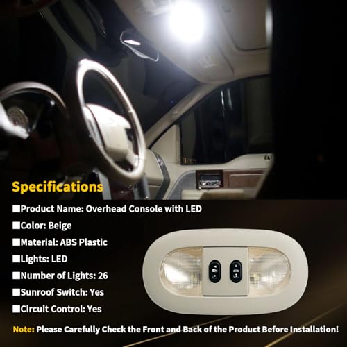 Image of Overhead Console Light Assembly Compatible with 2004-2008 Ford F-150, 2006-2008 Lincoln Mark LT, LED Interior Roof Map Reading Lamp, Replace # 7L3Z-18519A70-BA, 7L3Z-18519A70-BC (Beige)
