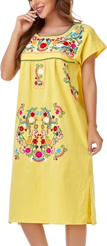 Image of YZXDORWJ Women Mexican Embroidered Long Dress Ruffle Collar Maxi Boho Floral Summer Short Sleeve