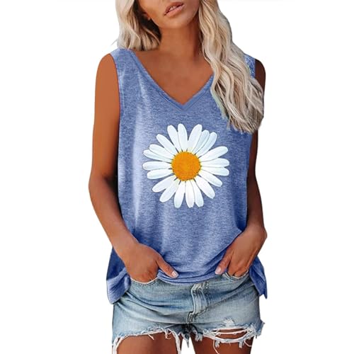 Camiseta sin mangas para mujer, verano, sin mangas, con estampado de margaritas, blusa con cuello en V, camiseta básica, camiseta holgada, blusa con tirantes, camiseta de tirantes para mujer, camiseta