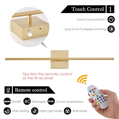 Image of KARTOOSH 28.3 Inch Battery Operated Wall Sconces Wireless Set of 2, Gold | RGB Wall Lamps, 3 Color Temps, Remote Control, Dimmable Rotatable, LED Wall Lights for Living Room Bedroom