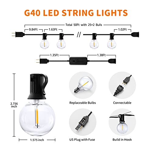 Xmcosy+ Patio Lights, Smart Outdoor String Lights 50Ft, G40 Globe Patio Lights With 25 Dimmable Led Bulbs, App Control, Work With Alexa, Connectable Waterproof Led Outdoor Lights For Patio Porch #TOP5
