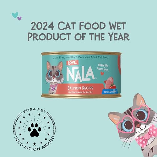 Image of LOVE, NALA - Natural Adult Cat Wet Food - FLAKED Salmon in Broth - Grain Free, Non-GMO, Lean Protein with Omega 3, Added Minerals & Vitamins - 12 Pack, 2.4 lbs.