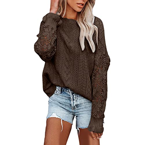Lace Fall Sweaters Aesthetic Winter Autumn Sweaters for Teen Girls Knitted Casual Jumper Tops Color Block Trendy Coffee
