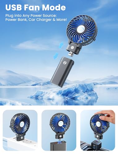 HandFan Portable Handheld Fan, 2 in 1 Hand-Fan, 5200mAh Rechargeable Battery Operated, Personal Foldable Makeup Fans on Desk, Portable Cooling-Fan for Travel/Summer/Concerts/Lash(Black&Blue)