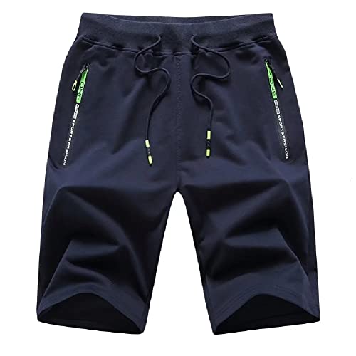 Tansozer Men's Casual Shorts Elastic Waist Comfy Workout Shorts Drawstring Summer Jogger Shorts with Zipper Pockets (Navy Blue, Large)