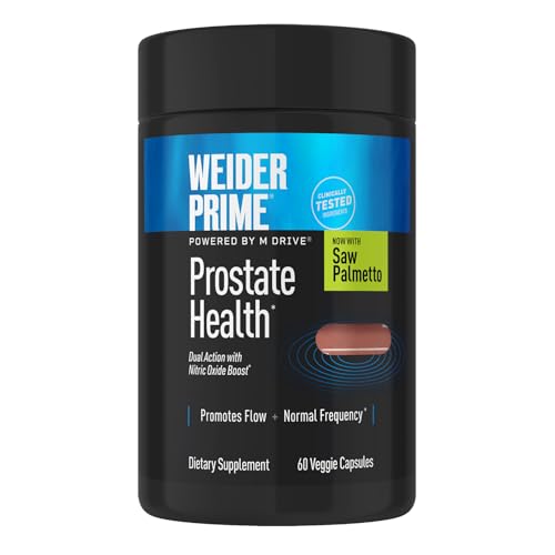 Weider Prime Prostate Health for Men, Saw Palmetto, Dual Action with N.O. Boost, Promotes Flow and Normal Frequency, 60 Veggie Capsules