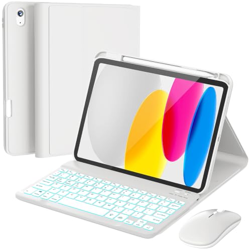 Image of RAYMCRAFT for iPad 11th (A16, 2025) / 10th Generation Case with Keyboard, Mouse and Detachable Wireless Keyboard, 7-Color Backlight, Slim Case with Pencil Holder, White