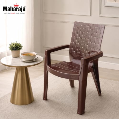 Image of MAHARAJA Heavy Duty Plastic Arm Chair for Home & Office | Premium Glossy Finish | Comfortable Arm Rest | 200Kg Capacity | Stackable & Durable | (Brown, Pack of 6)