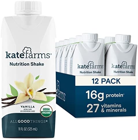 KATE FARMS Organic Vegan Plant Based Nutrition Shake, Vanilla, 16g of protein, 27 Vitamins and Minerals, Meal Replacement Drinks, Protein Shake, Gluten Free, Non-GMO, 11 Fl oz (Pack of 12)