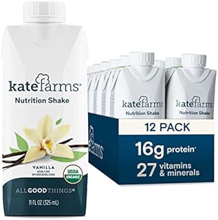 KATE FARMS Organic Vegan Plant Based Nutrition Shake, Vanilla, 16g of protein, 27 Vitamins and Minerals, Meal Replacement Drinks, Protein Shake, Gluten Free, Non-GMO, 11 Fl oz (Pack of 12)