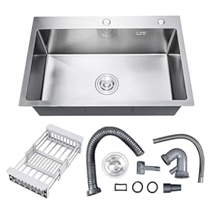 30″ x 18″ x 9″ Topmount Kitchen Sink, 304 Stainless Steel Drop in Single Bowl Sink with Basket Strainer for RV, Travel Trailer, Garage(Nano)