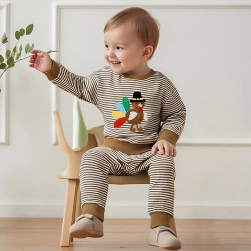 Karuedoo Toddler Baby Boy Girl Thanksgiving Outfit Turkey Embroidery Stripe Long Sleeve Waffle Knit Sweatshirt and Pants Set3
