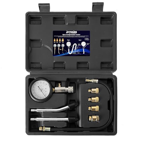 ATPEAM Kompressionsprüfer Set Kompressionsmessgerät für Motor Kompression prüfen meßen Kfz 020 Bar / 0300 PSI Kompressionstester mit 4 Adapter M10 M12 M14 M18 (Schwarz)