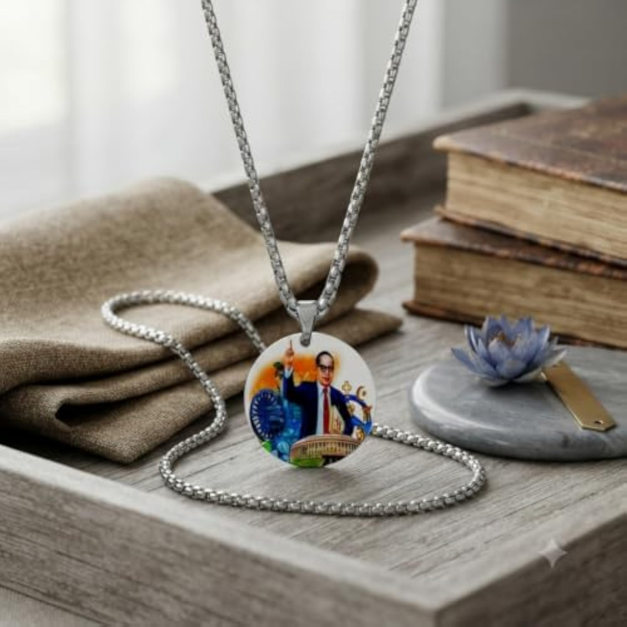 Dr Babasaheb Ambedkar White Acrylic Pendant with Box Chain