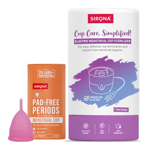 Sirona Reusable Menstrual Cup for Women (Medium) with Electric Steam Sterilizer - Pack of 2 | 100% Medical-Grade Silicone | Kills 99% Germs | Rash, Odour & Itch-Free Period Care with Quick Cleaning