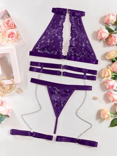 Image of Foxiny Sexy Halter Heart Ring Cutout Chain Floral Lace Sheer Garter Belt Lingerie Set 3 Piece
