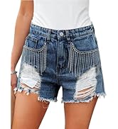 Unilexi Womens Fashion Ripped Fringe Jeans Shorts High Waisted Sequins Distressed Frayed Denim Sh...