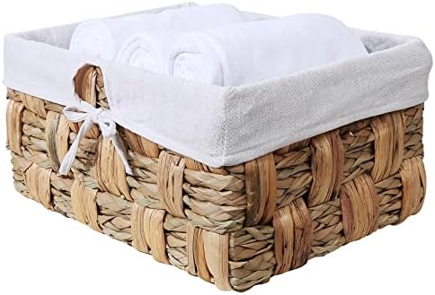 BSTNASI Hand-woven natural water hyacinth storage basket, Lined wicker basket for organizing, Rectangular wicker storage basket for decoration, 14.17 x 10.62 x 7.08 inches Large wicker baskets