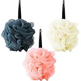 3 Pièces Fleur de Douche Lavable, Éponges de Bain Exfoliante pour Homme et Femme, Eponge Bain avec Cordon Solide, Eponge de Douche Corps en Maille Douce, Bath Sponges Nettoyer la Peau Apaisante