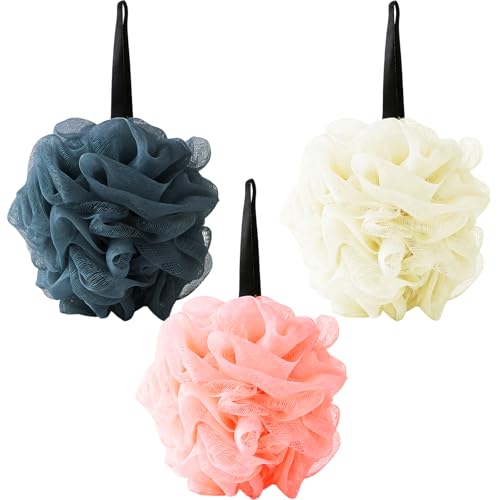 3 Pièces Fleur de Douche Lavable, Éponges de Bain Exfoliante pour Homme et Femme, Eponge Bain avec Cordon Solide, Eponge de Douche Corps en Maille Douce, Bath Sponges Nettoyer la Peau Apaisante