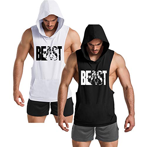 GYM REVOLUTION Men s 2 Pack Muscle Printed Workout Tank Tops Gym Fitness Sleeveless Hoodie Black & White XL