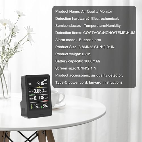 PinoTec 5-in-1 Professional Indoor Air Quality Monitor Indoor Portable CO2 Monitor | Temperature | Formaldehyde Detector | Humidity TVOC | Air Quality Tester - Confined Space Clean Air Monitor - Thumbnail 6