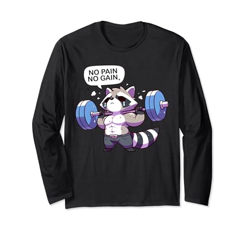 No Pain No Gain Funny Raccoon, allenamento in palestra e allenamento fitness Maglia a Manica