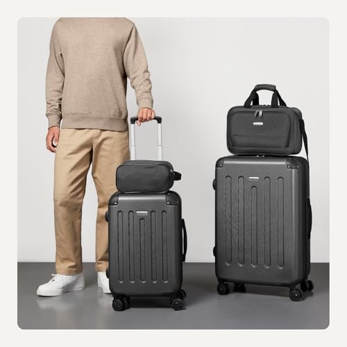 Image of Amazon Basics 4-Piece Luggage Set, Hardside Suitcases with Spinner Wheels, 22 inch Carry On & 28 inch Checked, Tote Bag & Travel Bag, Black