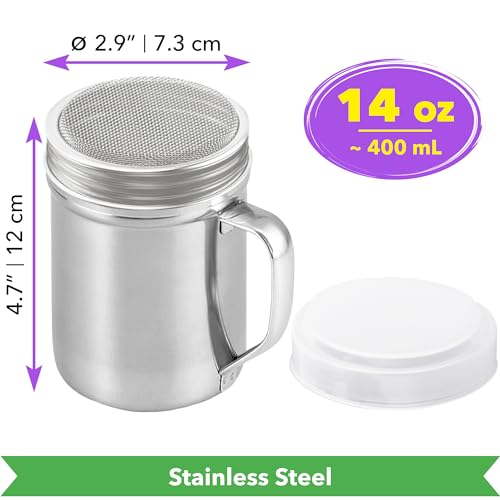 Image of CUSINIUM Large Powdered Sugar Shaker Duster - With Handle - Cinnamon Shaker For Coffee Bar- Fine Mesh Dredge - 14 ounce | Style: Fine