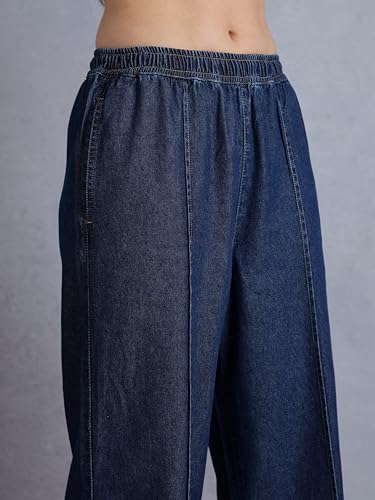 Image of INKD Women's Wide Leg Jeans- 100% Cotton | Mid-Rise | Elasticated Waistband | Pintuck Details | Comfort Fit | Palazzo Pants for Women | Lightweight Denim for Summers (Available in Plus Sizes)