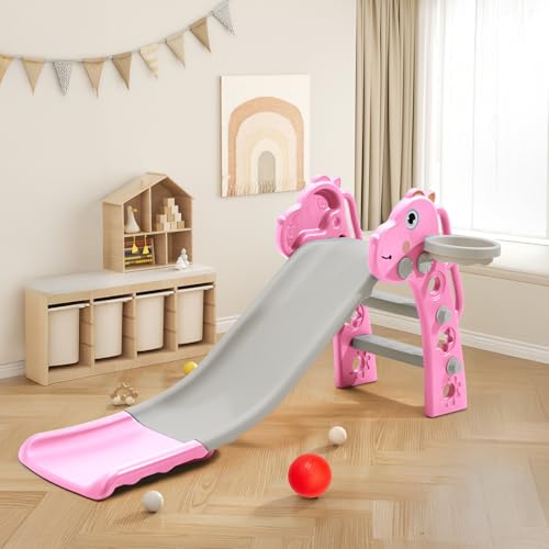 FUKEA Kids Slide Indoor, Freestanding Toddler Slide with Climbing Frame, Basketball Hoop, Basketball, Outdoor Garden Slides for Toddlers Age 1-6, Pink Dinosaur
