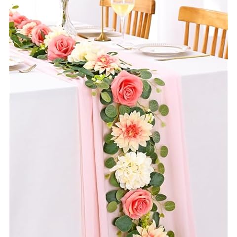 Yastouay 6 Ft Flower Garland with Lights, Pink Rose Floral Garland Fake Flowers for Wedding Arch Party Tables Backdrop Decor Cover