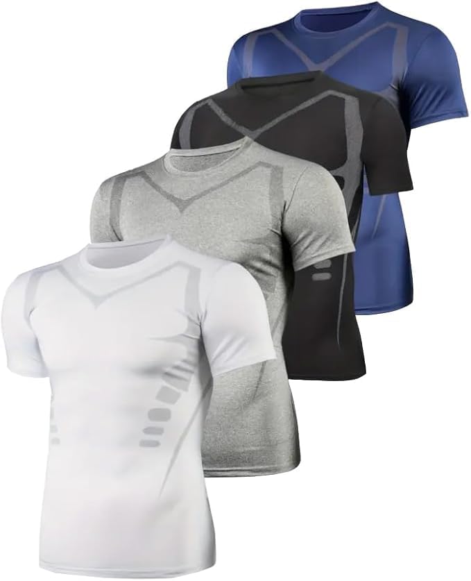 4 Pack Men's Compression Shirt Short Sleeve Breathable Functional Fitness Compression T-Shirts