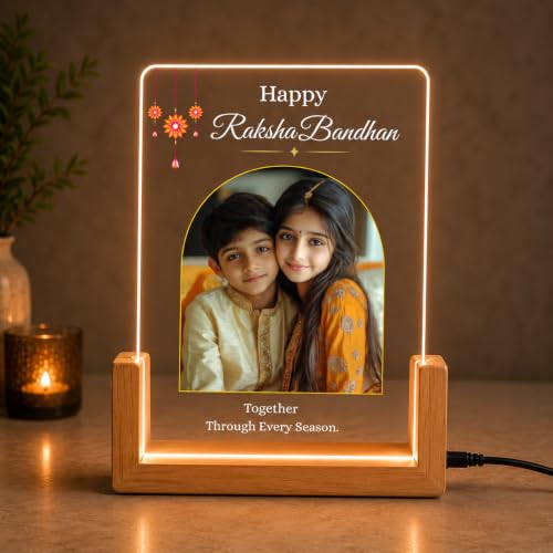 Image of Personalized Raksha Bandhan Acrylic LED Lamp with Custom Photo (Design 4) | Night Light, Brother Sister, Free Rakhi Included, Custom Photo