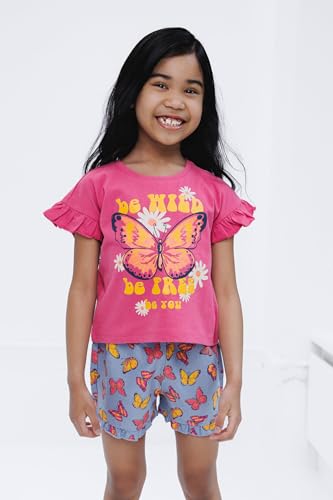 imagikids Butterfly Toddler Girls Ruffle T-Shirt and Chambray Shorts Outfit Set Pink/Blue 4T