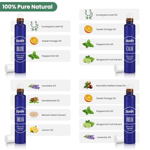 Essential Oils Roller Set Pack 4 x 0.33fl.oz, Natural Pre-diluted Essential Oils Roll On with Glass Rollerball, Gift for Women & Men - Image 3