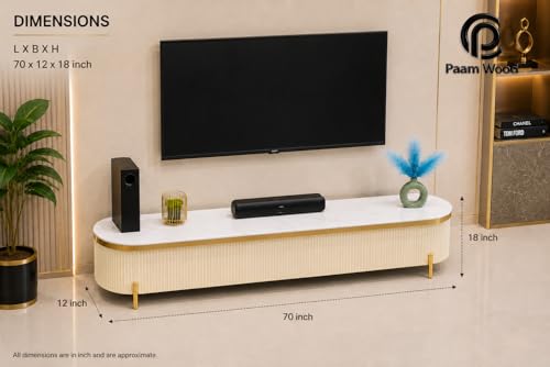 Image of Mazzo Modern TV Unit /Console - 70 inchx12 inchx18 inch White Marble Top with Golden Acrylic, Waterproof Plywood & Charcoal Louvers - Media Cabinet | Modern TV Stand Console Without Storage (Ivory)