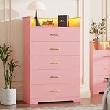 Garvee 5 Drawer Dresser for Bedroom - 51” Tall Vertical Chest of Drawers with LED Light and Charging Station, Modern Organizer Cabinet with Open Shelf for Living Room, Entryway, Hallway, Pink