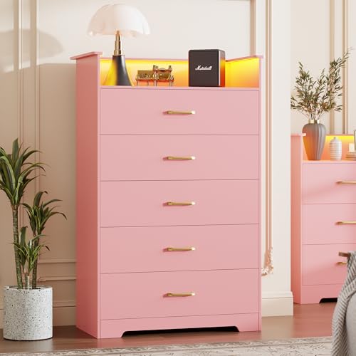 Garvee 5 Drawer Dresser for Bedroom - 51” Tall Vertical Chest of Drawers with LED Light and Charging Station, Modern Organizer Cabinet with Open Shelf for Living Room, Entryway, Hallway, Pin