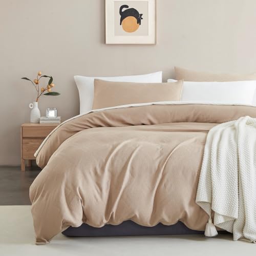 Lanqinglv Bettwäsche 135x200cm Beige Waffeloptik Waffle Handstricken Stickerei Geometrisch Muster Wendebettwäsche Set aus Mikrofaser,Bettbezugg und 1 Kissenbezug 80x80cm mit Reißverschluss