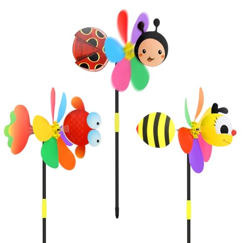 Moulin à Vent Jardin 3D, 3 Pièces Moulin a Vent en Forme d'animaux, Moulin a Vent Jardin Exterieur, Jardin Décor de Vent de Vent en Plastique pour Jardins, Cours, Balcons, Patios