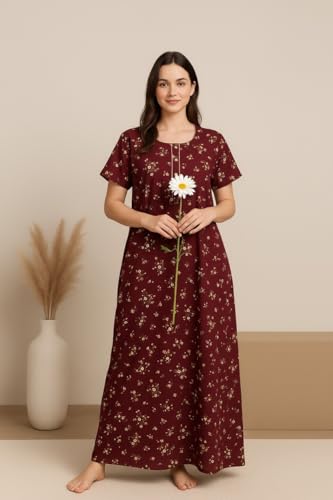 Image of Bahumaan Pure Cotton Nighty for Woman | Floral Gown for Women Nightwear with Pocket | Cotton Nighty for Women Stylish | Maxi for Women Cotton