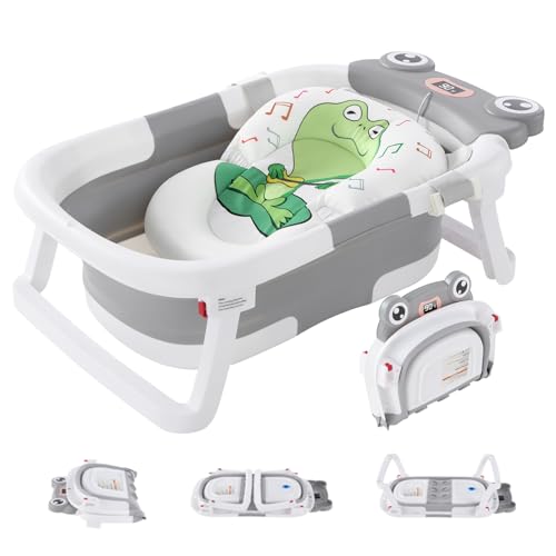 Image of Foldable Baby Bathtub with Cushion & Water Thermometer and Drain Hole, Portable Durable Foldable Baby Bath Tub for Newborn Infants 0-36 Months (Grey)