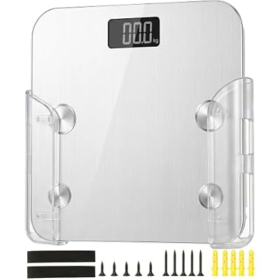 GIURKUU Scale Holder for Bathroom Wall, Bathroom Scale Holder Wall Mount with Acrylic Rubber for Scale, Laptop, Tablet, with Anti-Wobble Foam Wedges, Heavy Duty Adhesive or Screw Installation, Clear