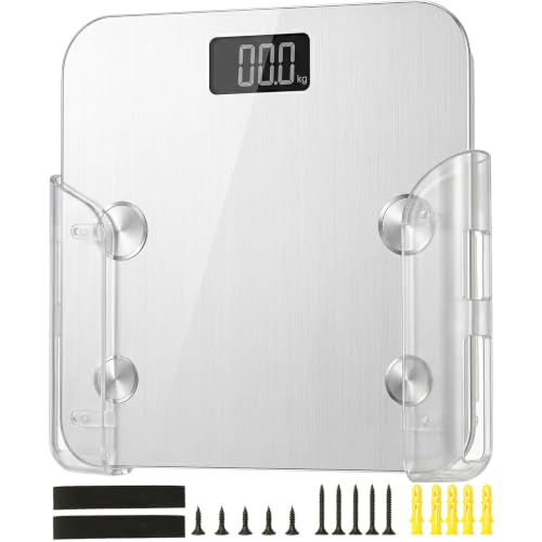 GIURKUU Scale Holder for Bathroom Wall Bathroom Scale Holder Wall Mount with Acrylic Rubber for Scale Laptop Tablet with Anti-Wobble Foam Wedges Heavy Duty Adhesive or Screw Installation Clear