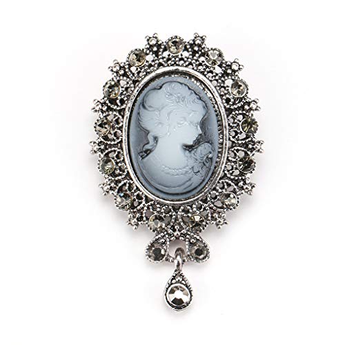 Tvoip Vintage Crystal Cameo Lady Maiden Flower Brooch (Silver)