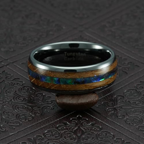 100S JEWELRY Engraved Personalized Abalone & Whiskey Barrel Wood Gunmetal Tungsten Rings For Men Wedding Promise Band Size 6-164