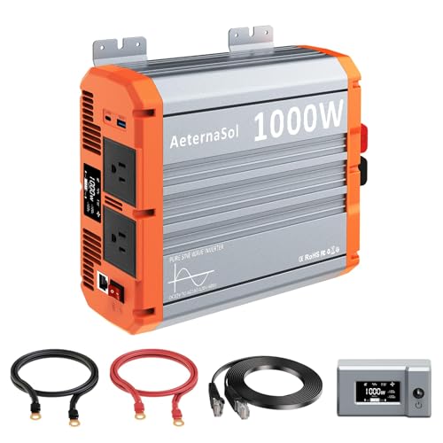 Image of 1000 Watt Pure Sine Wave Inverter 12V DC to 110V/120V AC, RV Power Inverter with Remote Control, 2000W Peak Solar Inverter for Battery, Off-Grid, Camping, Emergency Backup, 2 AC Outlets, USB-C 30W