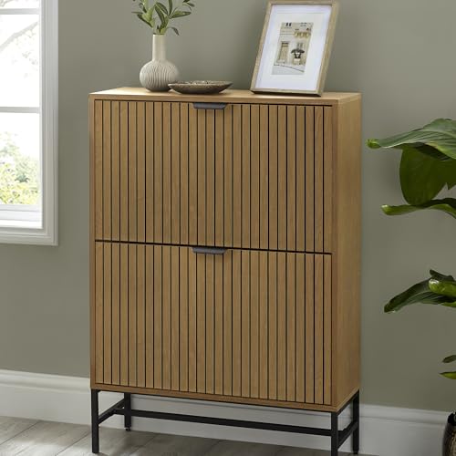 Image of Julian Bowen Sia Shoe Cabinet - Oak Effect Storage Sideboard with 2 Flip Drawers for 12 Pairs of Shoes, Slim Wooden Shoe Organiser for Hallway and Entrance - 101 x 72 x 25cm